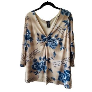 Y2K INC international Concepts Tan and Blue Floral Blouse 1X